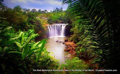 salto de armadillo waterfall in the central coastal region of ecuador as seen on a motorcycle tour