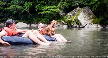 tubing in the Napo river on motorcycle adventure tour in ecuador
