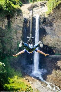 ziplining in motorcycle riding gear