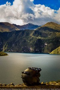 laguna cuicocha with dirt bike helmet