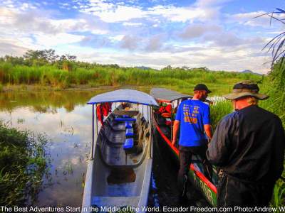 ready to board a motorized canoe on the napo river