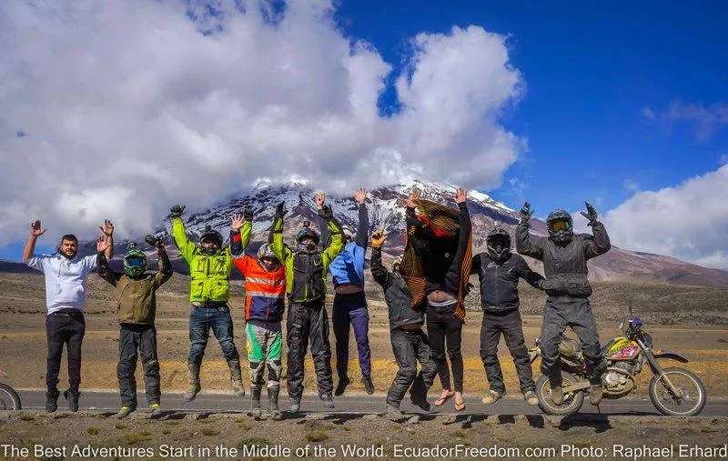 group of friends on a motorcycle adventure tour in ecuador