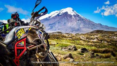 BMW F800GS with Chimborazo Volcano in background in Ecuador